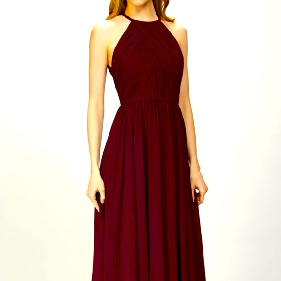 Theia Chiffon Allison Backless Burgundy Red Bridesmaid Prom Maxi Halter Dress - Picture 1 of 13